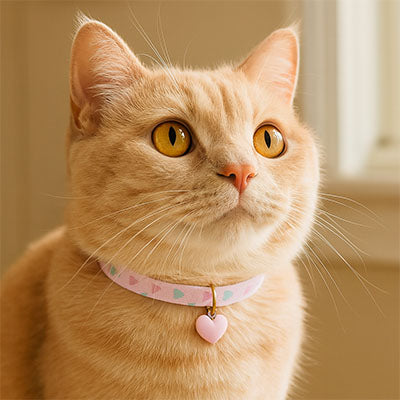 chat roux clair collier rose coeur